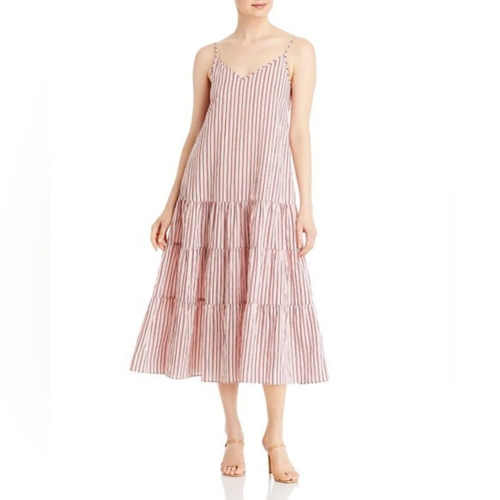 BOSS Dress Women’s 2 Cara Pink Vertical Striped Tiered Ruffle Hem Tank Midi‎ NWT